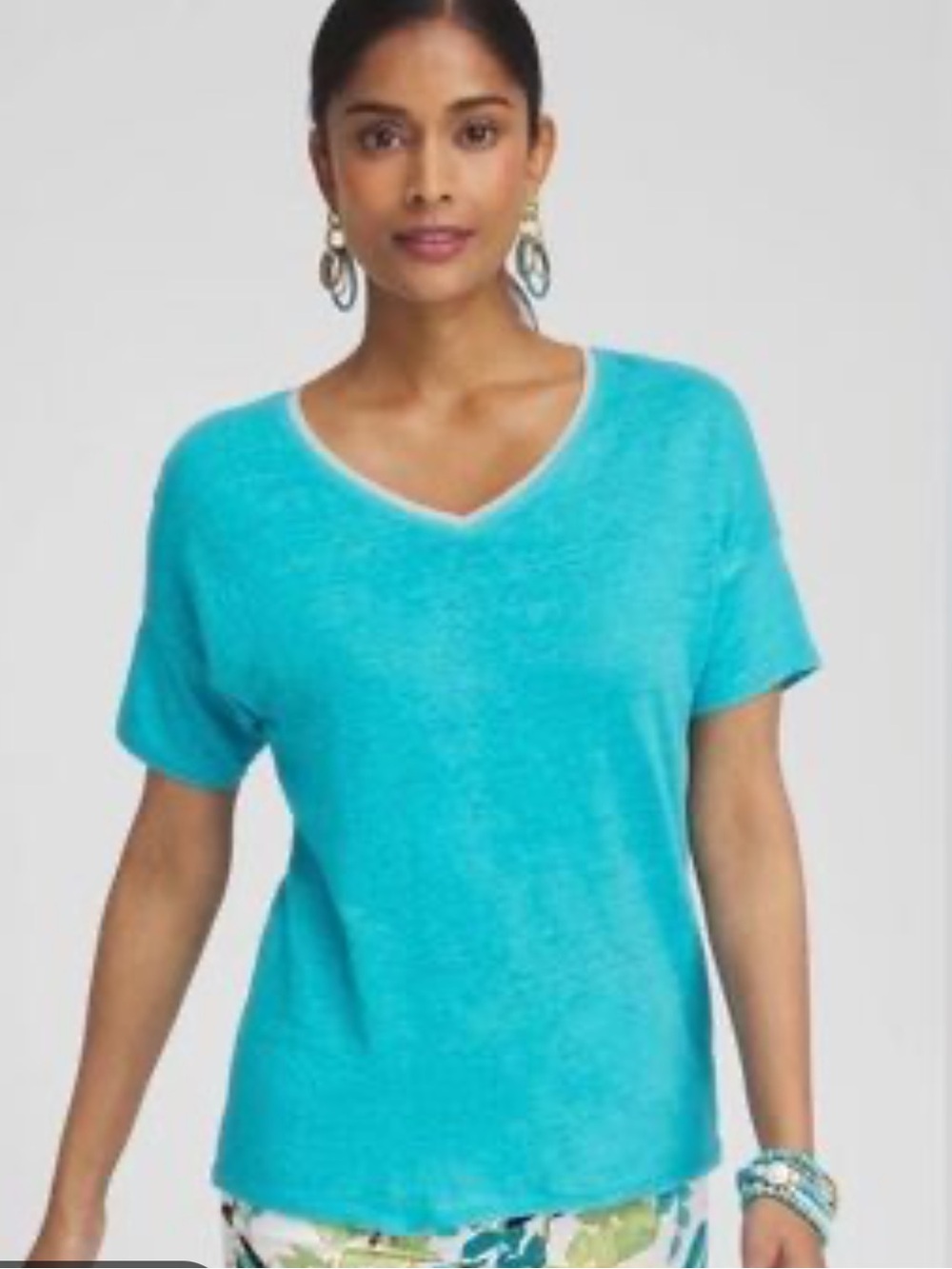 Chico’s Linen Sweater Trim Tee  Oceano Blue V-Neck Top Beachy Size 3 (Large)